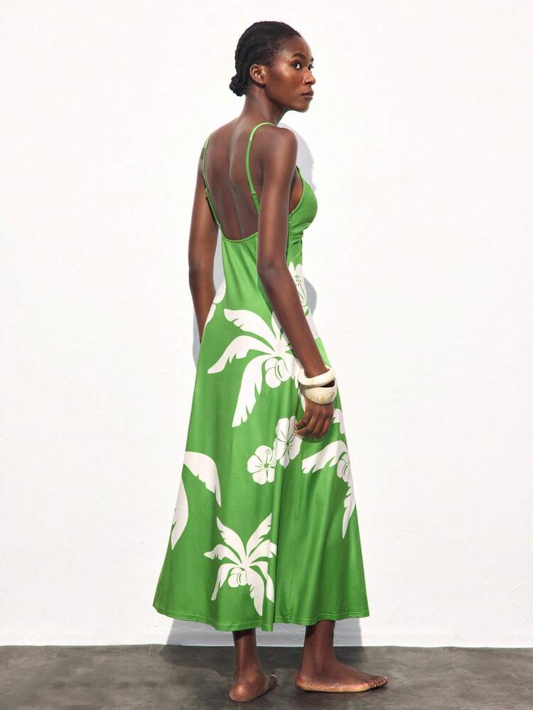 SHEIN Maija Women's Bohemian Tropical Rainforest Palm Tree Print Long Dress, Business Casual Beach Resort Music Festival Outfit, Elegant Christmas New Year Party Dress