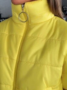 EURMUSE Women's Yellow Puffer Jacket – Bright Quilted Zip-Up Coat With Ring Pull, Warm Winter Outerwear Quilted Jacket Yellow Jacket Jacket Y2k - Yellow - View 4