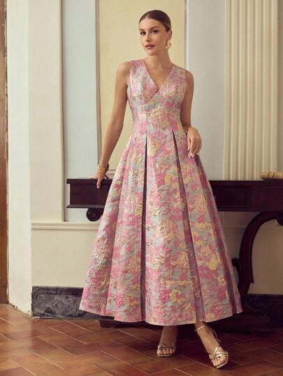 ZEYLAH Women's Floral Jacquard V-Neck Pleated Design Sleeveless Elegant Dress