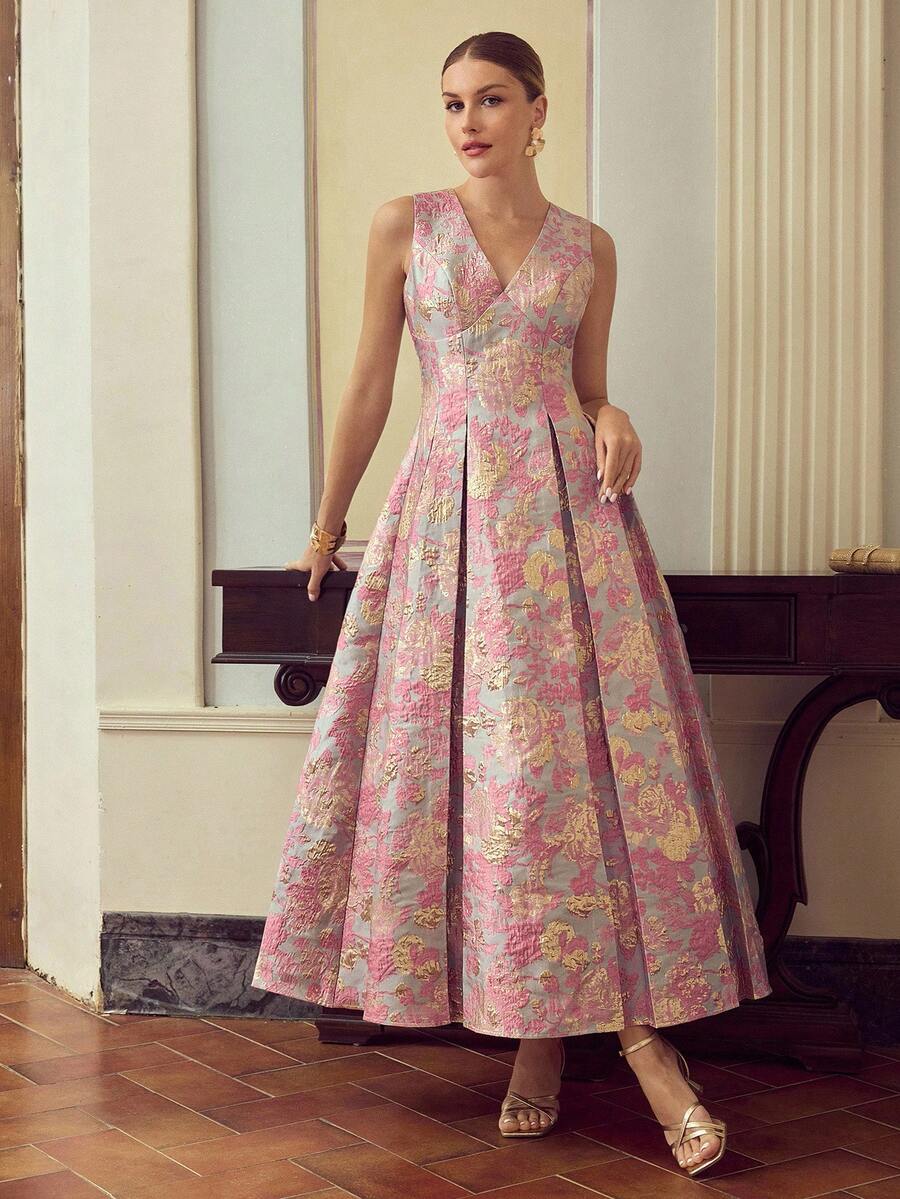 ZEYLAH Đầm không tay thiết kế xếp ly cổ chữ V họa tiết hoa jacquard thanh lịch dành cho nữ - Hồng - Xem 1