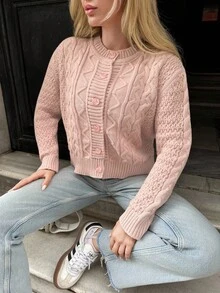 EURMUSE Damen rosa gemütliche Knopf-Vorder-Strickjacke