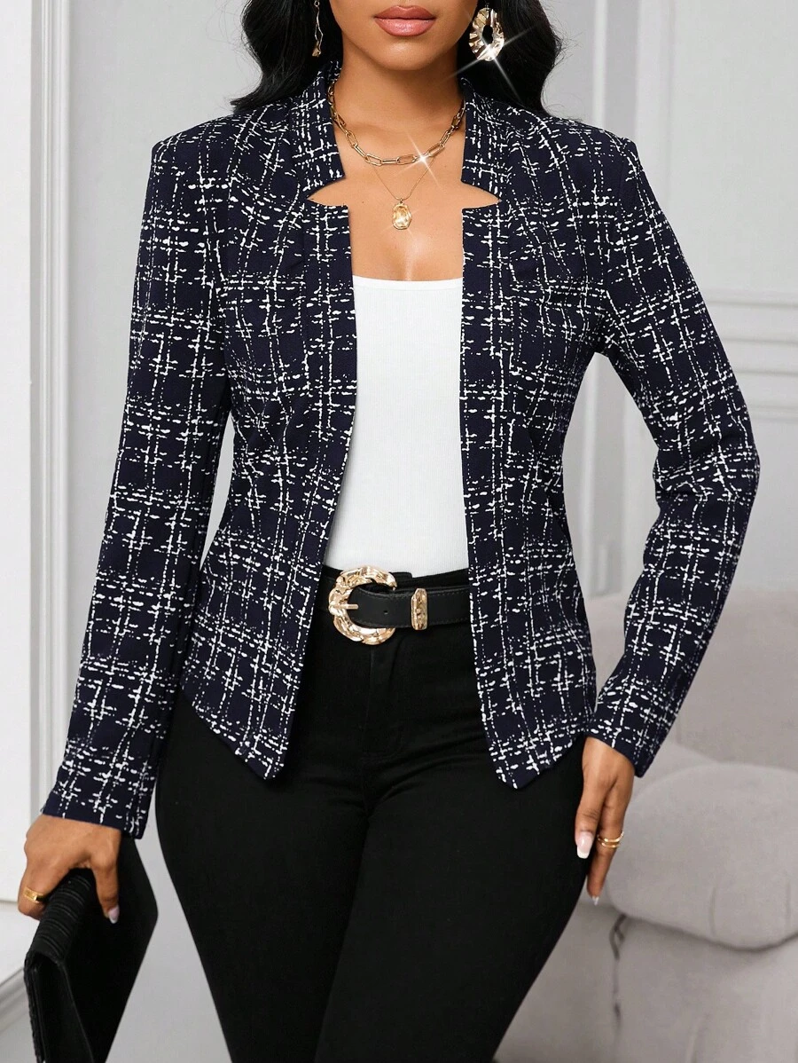 SHEIN Lady 2025 New Plus Size Color Navy Blue Graphic Long Sleeve Blazer,Fall Clothes For Women Fall Clothes For Women  Winter Clothes Elegant Chic Women's Jacket Chic Autumn Winter Jacket Trench Coats Business Casual Woman Business Casual Woman Curve Business Casual Women Suit Jacket For Women Tweed Jacket Women Plaid Blazer Open Front Blazer Women Blazer Jacket
