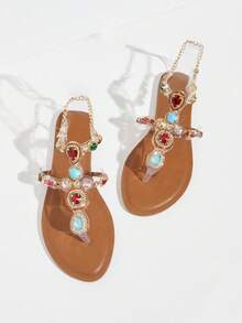 SHUZIA 女款時尚鑲有鑽石裝飾的平底沙灘鞋，度假風格 - 杏色 - 查看 5