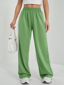 SHEIN PETITE 休闲黑色侧条纹长裤，夏季时尚 - 橄欖綠 - 查看 6