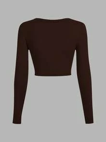 SHEIN EZwear 3件套休闲U领紧身短款长袖T恤，深棕色，卡其色，浅杏色，适合秋冬 - 彩色 - 查看 8