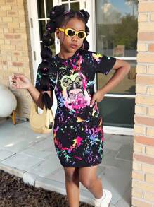 Tween Girl Cartoon Girl Print Summer Dress, School, Campus, College - Multicolor - View 1