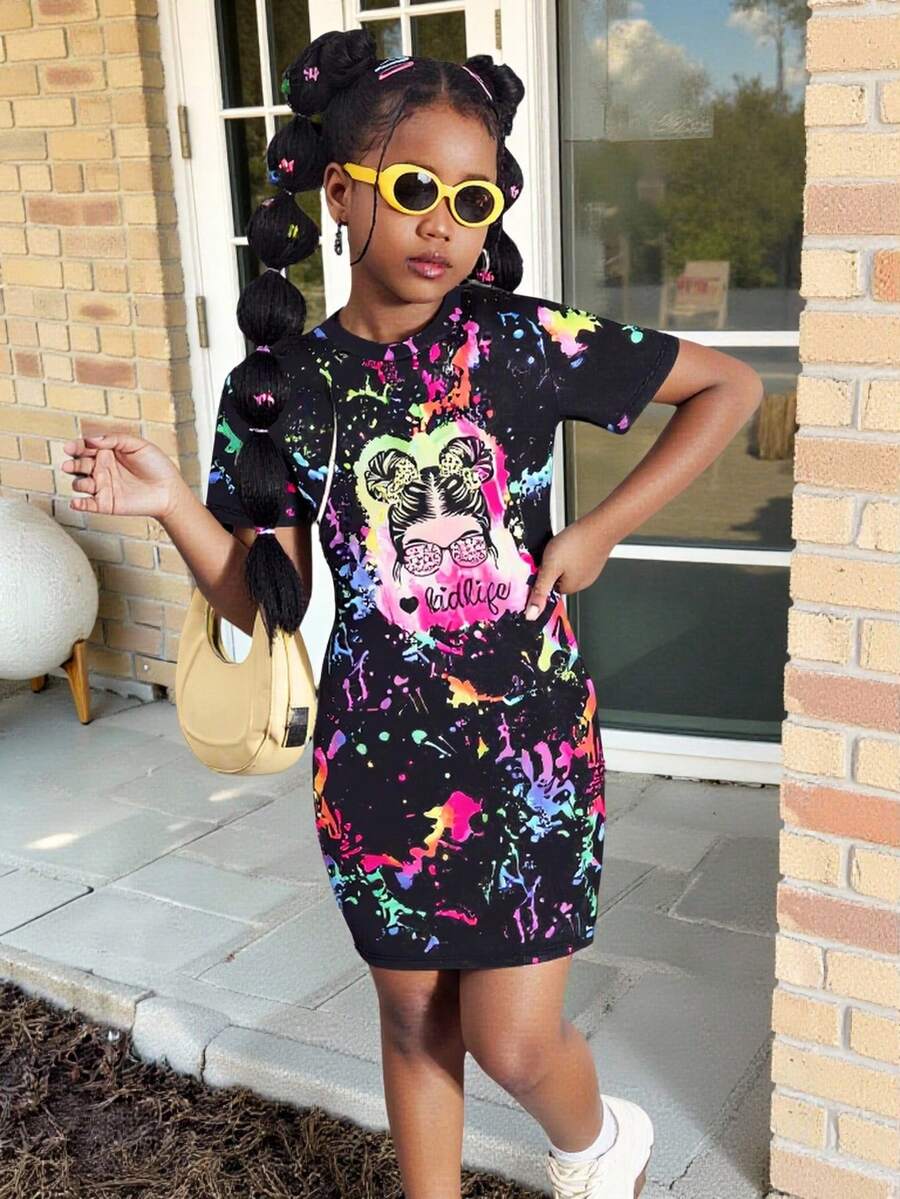 Tween Girl Cartoon Girl Print Summer Dress, School, Campus, College - Multicolor - View 1