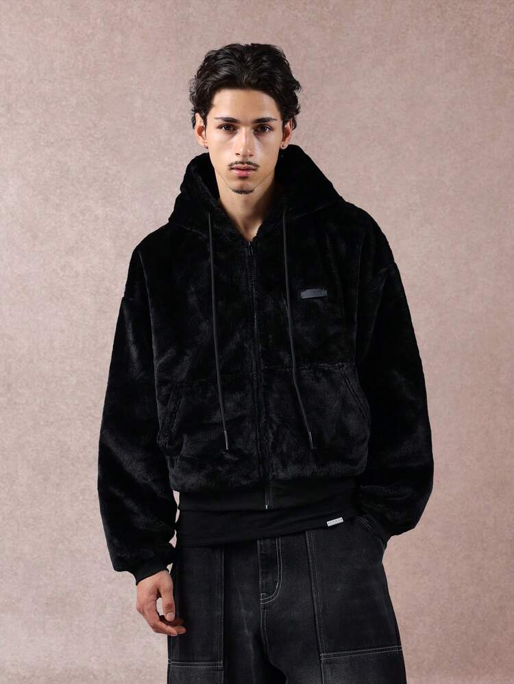 Kurzer Kapuzenpullover aus Plüsch-Kunstpelz mit Reißverschluss