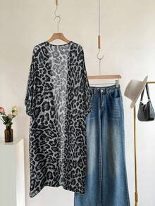 SHEIN LUNE Plus Size Women Leopard Print Lightweight Adjustable Sleeve Long Jacket - Grey - View 5