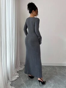 Selianne Women's V-Neck Flare Sleeve Ribbed Fitted Elegant Commuter Knit Dress, Autumn/Winter Fall Cloth For Women - Grey - View 2
