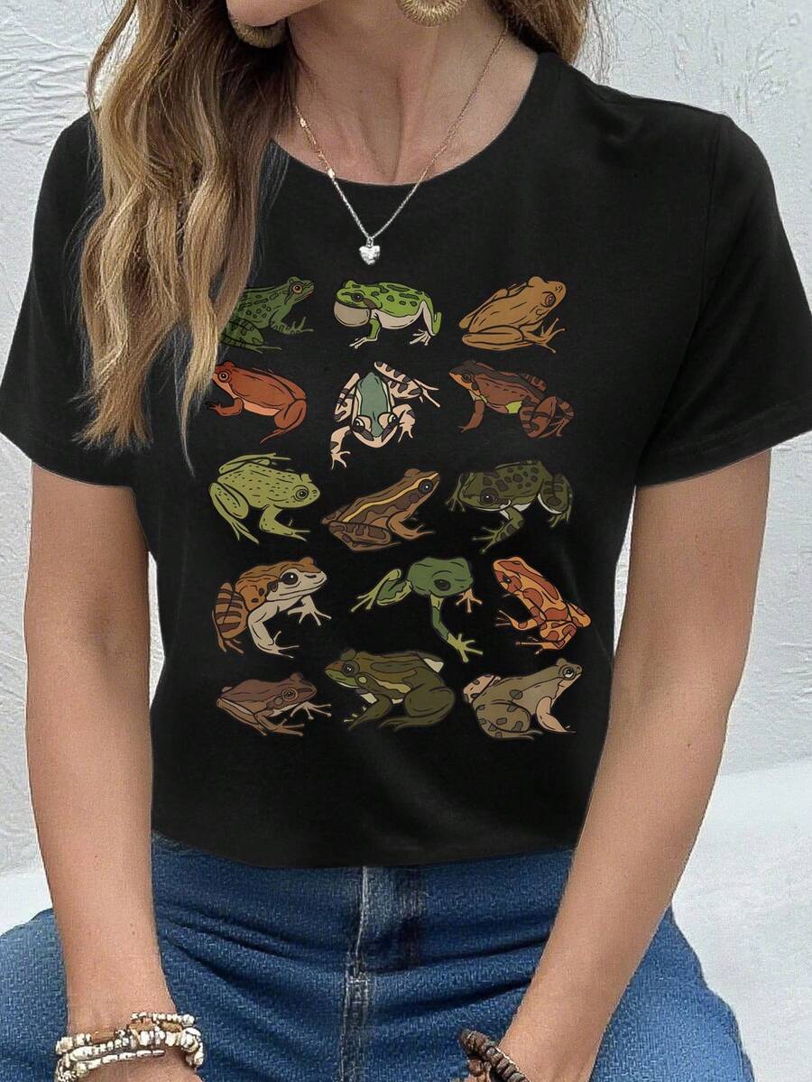 Aesthetic Country Style Frog Print T-Shirt, Round Neck Short Sleeve Casual Women Top, Suitable For Daily Wear - Black - View 1