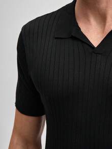 Officeau Polo de punto de manga corta con cuello casual y sólido para hombre, Old Money de primavera a verano - Negro - Ver 7