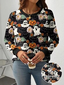 EMERY ROSE Plus Size Halloween Ghost, Pumpkin, Bat Graphic Print Raglan Sleeve Sweatshirt Fall Cloth For Women Winter Autumn - Multicolor - View 5