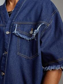 ROMWE MEN Men's Casual Collarless Short Sleeve Denim Top