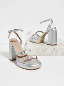 SHUZIA Giày Sandal Cao Gót Chunky Thời Trang Thiết Kế Khóa Màu Trơn - Bạc - Xem 2