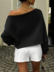 SHEIN EZwear 女士不对称肩部短款卫衣，适合健身、舞蹈、秋冬季穿着，宽松圆领长袖加厚休闲卫衣 - 黑色 - 查看 2