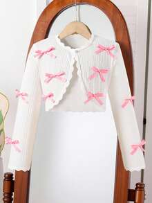 青少年女孩休闲/通勤粉色蝴蝶结白色斗篷单排扣夹克，适合上学，春秋季 - 白色 - 查看 1