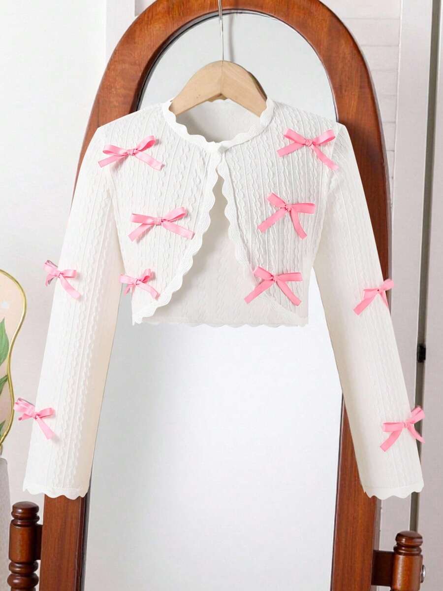 青少年女孩休闲/通勤粉色蝴蝶结白色斗篷单排扣夹克，适合上学，春秋季 - 白色 - 查看 1