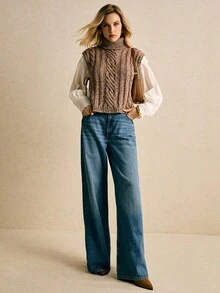 Poéselle Chaleco de punto de cuello alto con patrón de giro, casual, para mujer, otoño