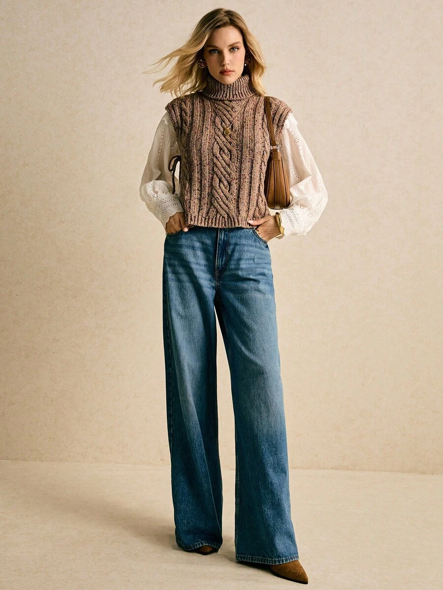 Poéselle Chaleco de punto de cuello alto con patrón de giro, casual, para mujer, otoño