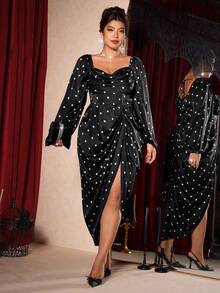 Allurite Plus Size Women's Elegant Black And White Polka Dot Satin Maxi Dress,Formal Autumn Draped Neck Ruffle Asymmetric Hem Split Long Sleeve Gown - Black - View 7