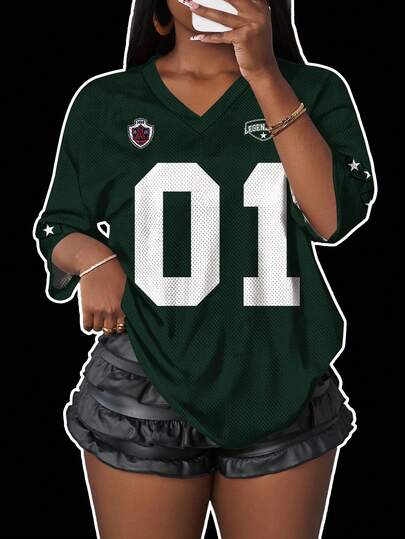 Slaydiva Casual Simple Alphanumeric Pattern 01 Plus Size Women's T-Shirt Suitable For Summer Basketball Games Suitable For Going Out