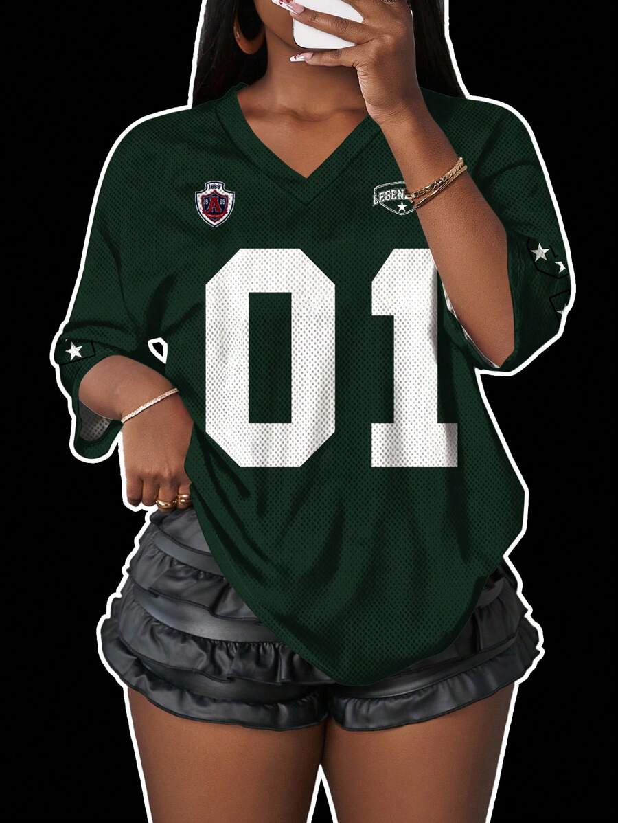 Slaydiva Casual Simple Alphanumeric Pattern 01 Plus Size Women's T-Shirt Suitable For Summer Basketball Games Suitable For Going Out - Dark Green - View 1