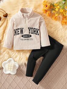 Baby Girl Letter Print Turtleneck Long Sleeve Sweatshirt And Solid Color Sweatpants Casual Outfit - Camel - View 3