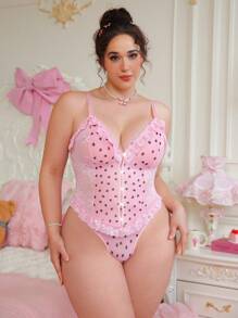 PetitDoll Plus Size Lace Patchwork Heart Print Sexy Bodysuit