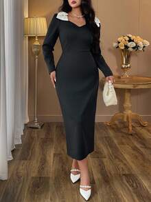 Auvina Plus Size Women's Elegant Romantic Party Sexy V-Neck Contrast Bowknot Long Sleeve Comfortable Versatile Fitted Bodycon Dress