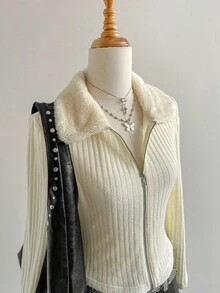 Elamini Cream Yellow Knitted Ribbed Patchwork Double-Sided Fleece Collar Zip-Up Fitted Long Sleeve Jacket, Elegant Vintage College Style For Commute, Office, Casual, Daily Wear, Dates, Autumn/Winter For Women