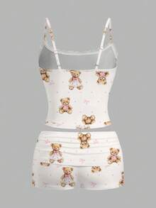 SHEIN Essnce Bộ 2 áo ba lỗ ren nơ gấu bông dễ thương và quần short viền bèo nhún cho nữ, mùa hè - trắng - Xem 2
