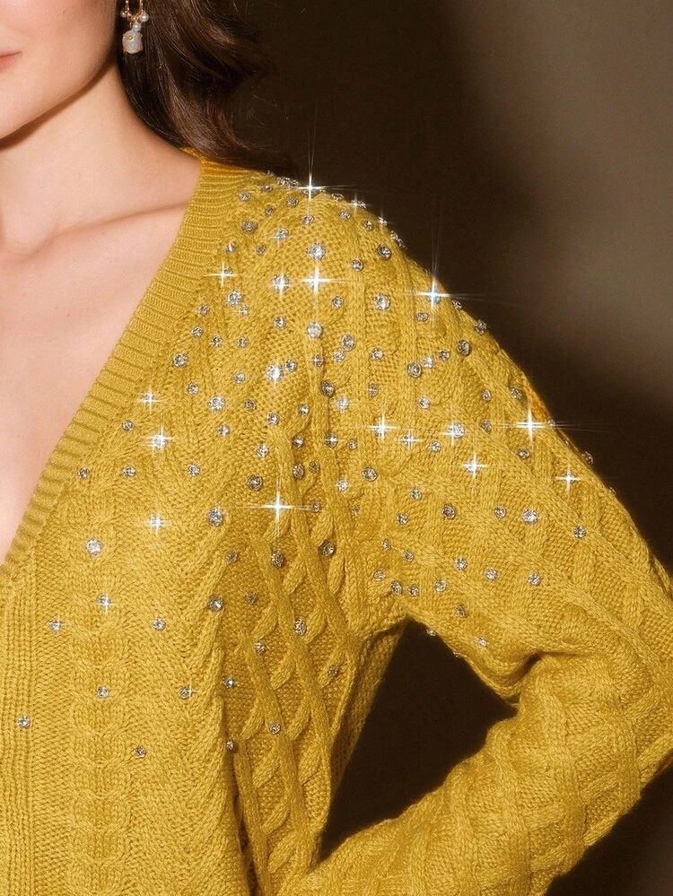Women's Long Sleeve Single-Breasted Loose Fashion Rhinestone Twist Knit Cardigan