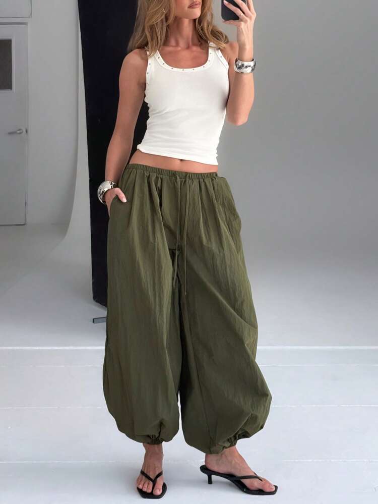 Linen Feel Parachute Pants With Elastic Waist And Pockets