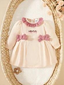 SHEIN Autumn New Arrival Newborn Baby Girl Elegant Sweet Cute Simple Casual Style Bow Princess Dress, Long Sleeve Romper Fall Winter
