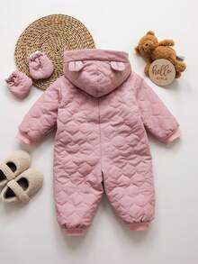 SHEIN Combinaison à capuche matelassée en coton de couleur unie pour bébé fille nouveau-né, chaude et épaisse pour l'automne/l'hiver - Rose bonbon - Voir 2