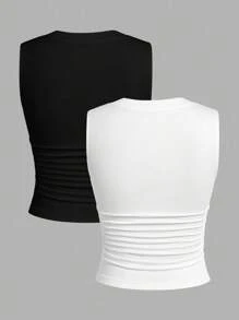 SHEIN EZwear 2pcs Black & White FERR BAR Sexy Crop Top Camisole With Padded Bust, Suitable For Summer To Early Autumn, Built-In Bra - Multicolor - View 2