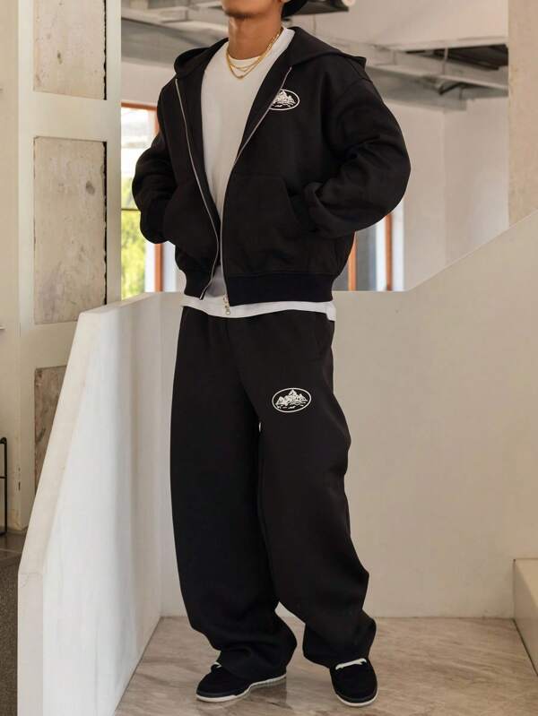 DAZY Mountain Peak Print Black Zip-Up Hooded Sweatshirt & Pants, Streetwear Style Men Hoodie Set, Autumn, Cozy Outfits