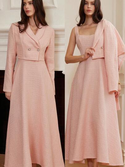 Aveloria Rosie Women's Elegant Tweed 2 Pieces Set: Cropped Lapel Jacket And Sleeveless Dress Fall Cloth For Women