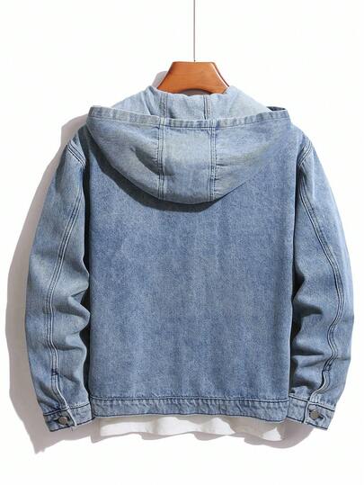 Manfinity Homme Men's Long Sleeve Casual Loose Fit Zip-Up Hooded Denim Jacket, Autumn Men Denim Hoodie Jacket Couples Boyfriend & Husband Washed Blue For Hooded Going Out Denim Hoodies Men Jackets For Men Hoodie