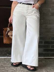 Dazy Plus 大码女式直筒长款白色牛仔裤，四季休闲 - 白色 - 查看 8