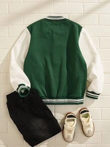 Explorewe Oversized Boys' Casual Minimalist Versatile White & Olive Color Block Letter Print Pocket Baseball Jacket, Loose Fit, Comfortable, Suitable For Autumn, Spring, Winter, Daily Wear, Commuting, Outdoor, Sports, School, Streetwear, Party, Photography Fall - Multicolor - View 3