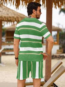 Genlund Conjunto de 2 piezas para hombre con top de punto de manga corta y shorts holgados, conjunto casual de suéter con rayas verdes para vacaciones, otoño y playa, estilo vacacional - Verde - Ver 2
