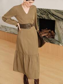 Uhlyne Women's Vintage V-Neck Commuter Dress, Old Money Style, Basic V-Neck Long Sleeve Fitted Sexy Elegant Pleated Hem With Zipper Fall Cloth For Women