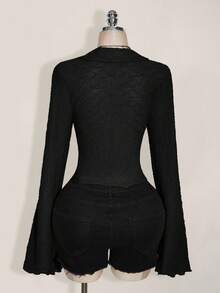 SHEIN ICON ICON PLUS 生菜邊飾不對稱下擺透視上衣 無內衣設計 大尺碼女上衣-1891，Y2K黑色上衣，秋季 - 黑色 - 查看 2