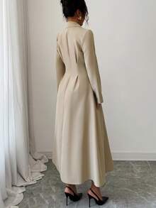 Elenzga Váy dài tay cổ bẻ thanh lịch, lãng mạn cho kỳ nghỉ và công sở - Màu Khaki - Xem 2