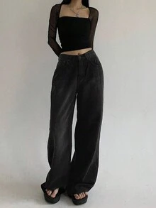 DAZY Front Button Simple Multi-Pocket Casual Denim Jeans,Baggy Jeans