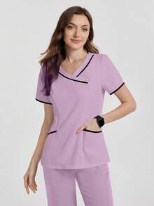 TaskEZ Contrast Trim V-Neck Summer Short Sleeve Scrub Uniform Top - Lilac Purple - View 7
