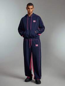 Prep Men's Contrast Color Casual Hoodie And Pants Set, Fall Clothes - Navy Blue - View 4