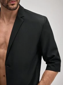 OFFICEAU Men's Casual 3/4 Sleeve Blazer, Korean Stylish Loose Fit Lightweight Suit Jacket, Old Money - Black - View 4